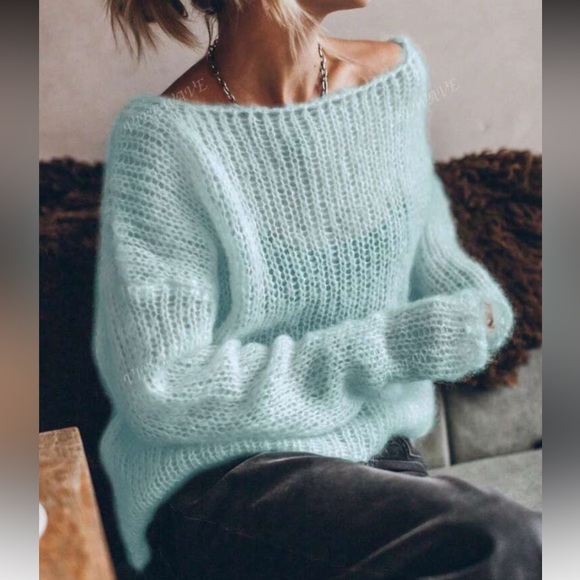 Baby Blue Loose Fit Lightweight Long Sleeve Mohair Sweater - Picture 5 of 8